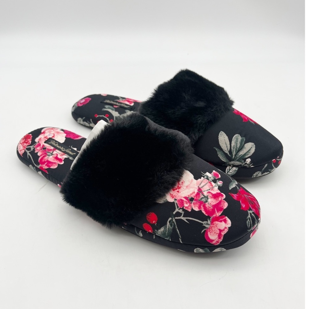 Victoria Secret Black Floral Slipper Size Large